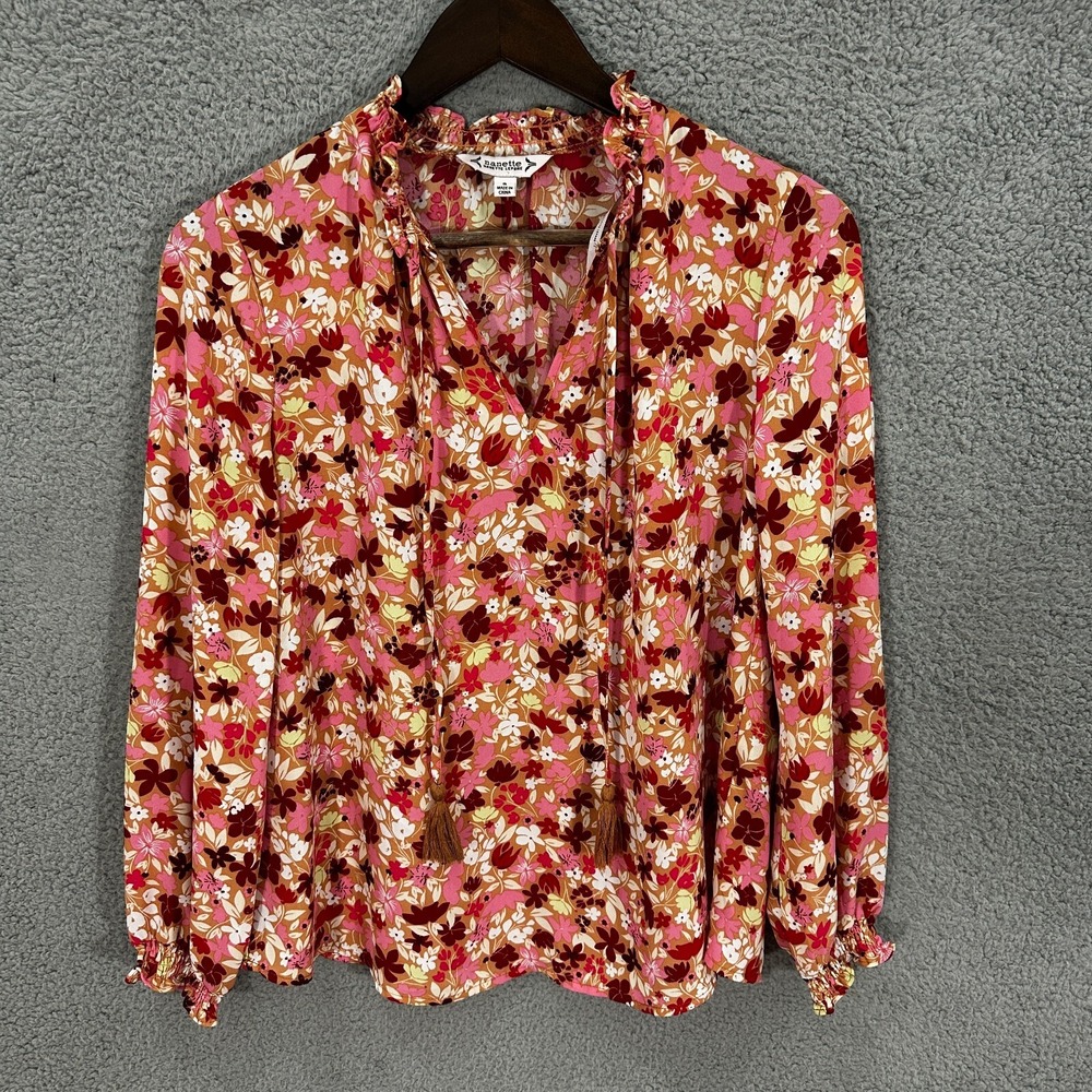 Nanette Lepore Top S Pink Floral Boho Peasant Blouse Tassel Romantic Cottagecore